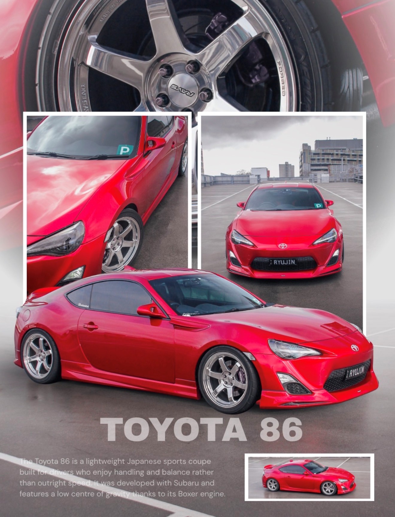 Toyota 86 poster layout combining four photos of a red Toyota 86 with a title and spec blurb
