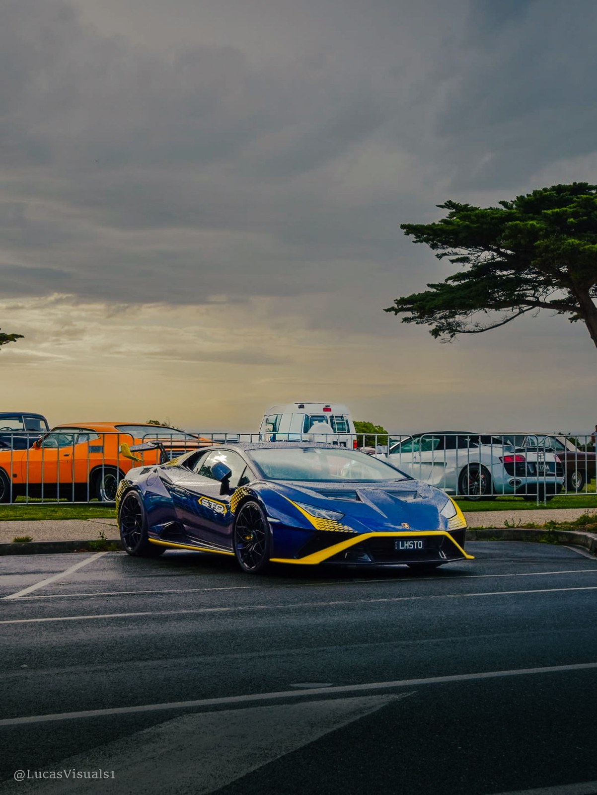 Line-up of Lamborghinis in a car park